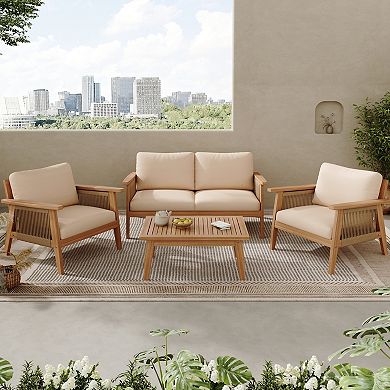 Eazegath 4-Piece Outdoor Wood and Rope Conversation Sofa Set with Cushions and Coffee Table