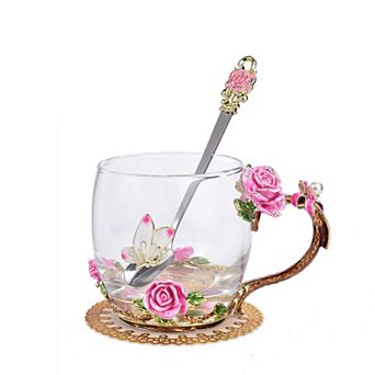 Enamel Rose Butterfly Glass Tea Cup Women Wife Friend Valentines Wedding— Mother's Day Gift