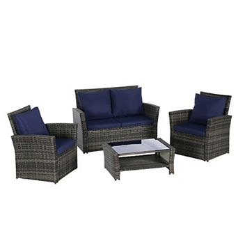 Eazegath 4 pc Outdoor Wicker Conversation Sofa Chair Set with Coffee Table and Cushions