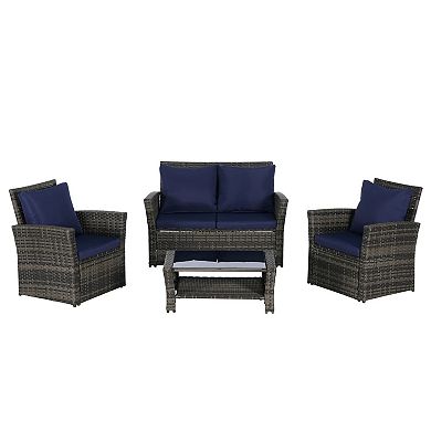Eazegath 4-Piece Outdoor Wicker Conversation Sofa Chair Set with Coffee Table and Cushions