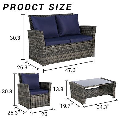 Eazegath 4-Piece Outdoor Wicker Conversation Sofa Chair Set with Coffee Table and Cushions