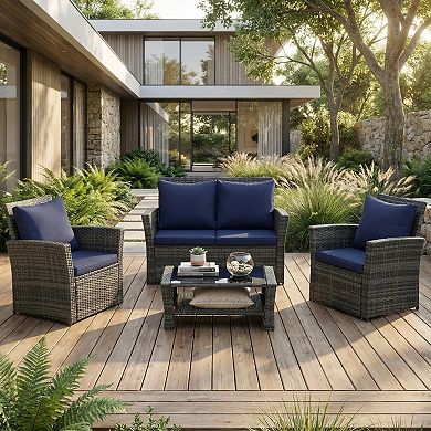 Eazegath 4-Piece Outdoor Wicker Conversation Sofa Chair Set with Coffee Table and Cushions