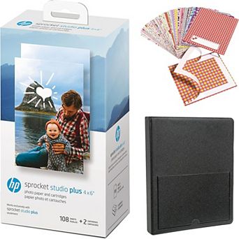 HP Sprocket Studio Plus 4x6 Photo Paper Bundle 108 Sheets, 2 Cartridges, Album, Sticker Frames