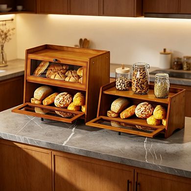 100% Bamboo Bread Box for Kitchen Countertop, Wooden Farmhouse Bread Storage Container