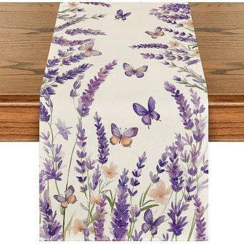 Lavender Floral Butterfly Table Runner, Polyester Decorative Cover