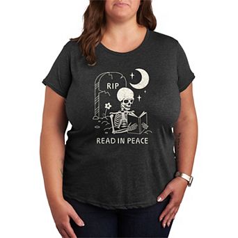 Plus Size Read In Peace Skeleton Graphic Tee