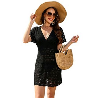 Women's Crochet Knit V-Neck Mini Dress, Hollow Out Summer Beach Cover-Up
