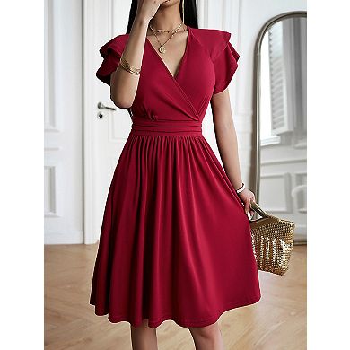 Women's V-Neck Dress - Comfortable Double Layer Sleeves Pleated Design