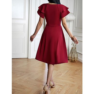 Women's V-Neck Dress - Comfortable Double Layer Sleeves Pleated Design