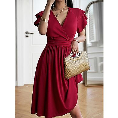 Women's V-Neck Dress - Comfortable Double Layer Sleeves Pleated Design
