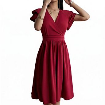 Women's V-Neck Dress - Comfortable Double Layer Sleeves Pleated Design