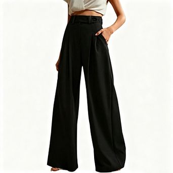 Women's High Waist Wide Leg Dress Pants, Pleated Trousers with Button Waist