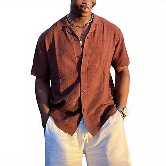 Men Textured Shirt Short Sleeve Cuban Collar Casual Button-Down