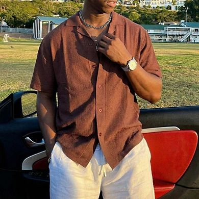 Men Textured Shirt Short Sleeve Cuban Collar Casual Button-Down
