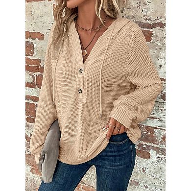 Women's Waffle Knit Hoodie Long Sleeve Henley Pullover Casual Loose Top with Drawstring