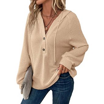 Women's Waffle Knit Hoodie Long Sleeve Henley Pullover Casual Loose Top with Drawstring