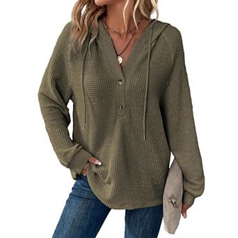 Women's Waffle Knit Hoodie Long Sleeve Henley Pullover Casual Loose Top with Drawstring