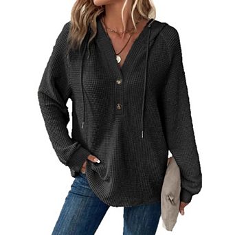Women's Waffle Knit Hoodie Long Sleeve Henley Pullover Casual Loose Top with Drawstring