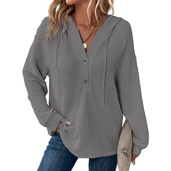 Women's Waffle Knit Hoodie Long Sleeve Henley Pullover Casual Loose Top with Drawstring