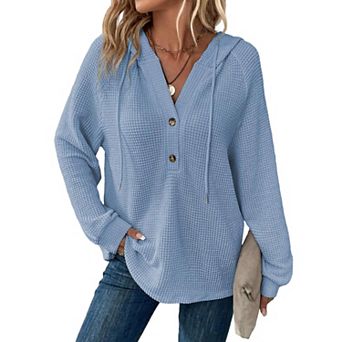 Women's Waffle Knit Hoodie Long Sleeve Henley Pullover Casual Loose Top with Drawstring