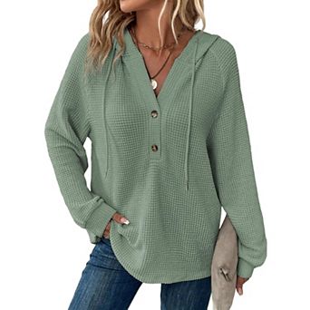 Women's Waffle Knit Hoodie Long Sleeve Henley Pullover Casual Loose Top with Drawstring