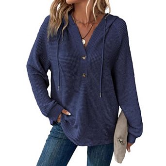Women's Waffle Knit Hoodie Long Sleeve Henley Pullover Casual Loose Top with Drawstring