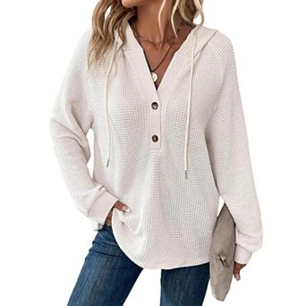 Women's Waffle Knit Hoodie Long Sleeve Henley Pullover Casual Loose Top with Drawstring