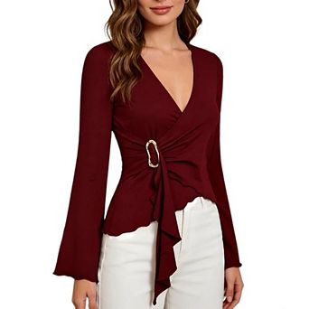 Women's V Neck Wrap Top Bell Long Sleeve Asymmetrical Hem Ruched Blouse with Metal Buckle