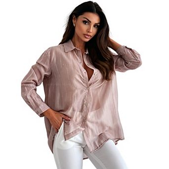 Women's Rhinestone Button-Down Shirt, Sheer Long Sleeve Casual Blouse