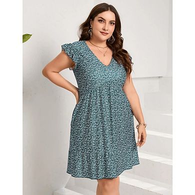 Womens Plus Size Casual V Neck Loose Swing Ruffle Boho Midi Dress