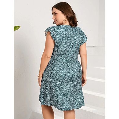Womens Plus Size Casual V Neck Loose Swing Ruffle Boho Midi Dress