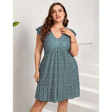 Womens Plus Size Casual V Neck Loose Swing Ruffle Boho Midi Dress