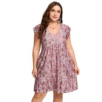 Womens Plus Size Casual V Neck Loose Swing Ruffle Boho Midi Dress