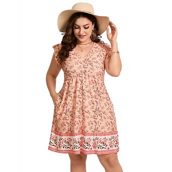 Womens Plus Size Casual V Neck Loose Swing Ruffle Boho Midi Dress