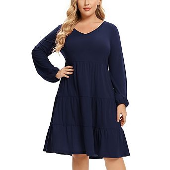 Women's Plus Size Tiered Swing Dress V-Neck Long Sleeve Casual Flowy Midi Dress