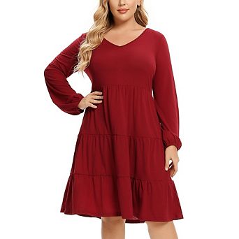 Women's Plus Size Tiered Swing Dress V-Neck Long Sleeve Casual Flowy Midi Dress