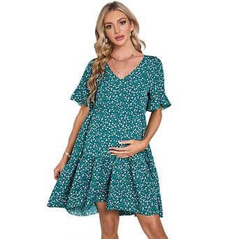 Women's Maternity Printed Tiered Dress V-Neck Flutter Sleeve Casual Swing Dress