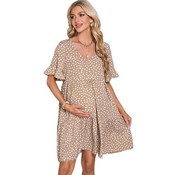 Women's Maternity Printed Tiered Dress V-Neck Flutter Sleeve Casual Swing Dress