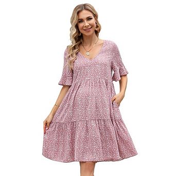 Women's Maternity Printed Tiered Dress V-Neck Flutter Sleeve Casual Swing Dress