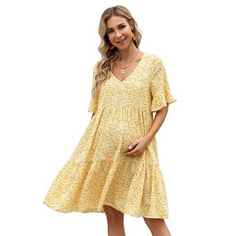 Women's Maternity Printed Tiered Dress V-Neck Flutter Sleeve Casual Swing Dress