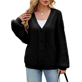 Women's Cable Knit V Neck Button Down Cardigan Long Sleeve Loose Casual Sweater for Daily Wear
