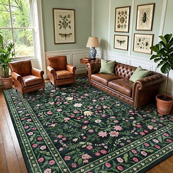Washable Floral Area Rug Low Pile Soft Non Slip Carpet for Living Room, Bedroom, Dining Room