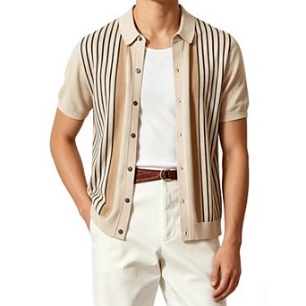Men's Striped Knit Polo Shirt Short Sleeve Button Down Casual Cardigan Summer Vacation Beach Top