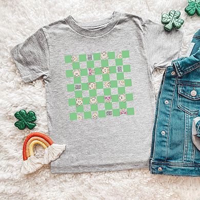 Mini Smiley Checkered Characters Green - Toddler Short Sleeve Graphic T-Shirt