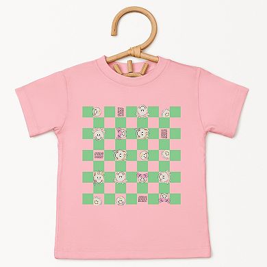 Mini Smiley Checkered Characters Green - Toddler Short Sleeve Graphic T-Shirt