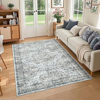 Washable Boho Vintage Rugs, Low Pile Soft Bedroom Carpet Mat, Retro Distressed Floor Covers