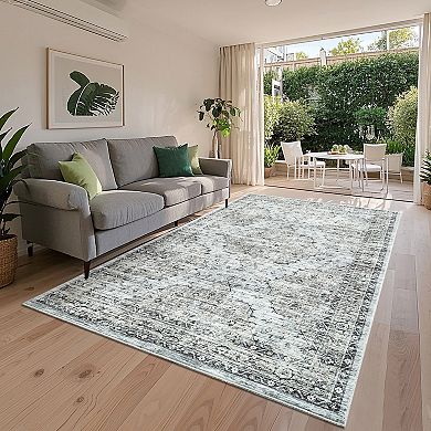 Washable Boho Vintage Rugs, Low Pile Soft Bedroom Carpet Mat, Retro Distressed Floor Covers