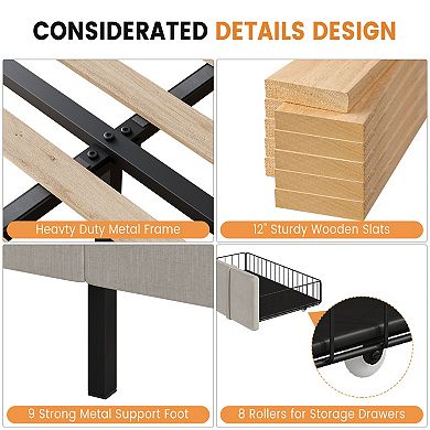 Upholstered Platform Bed Frame with Storage Drawers, Plain Wooden Slats, No Box Spring Needed