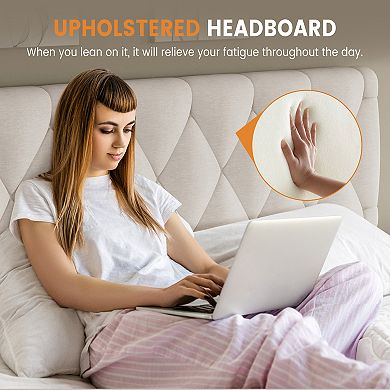 Upholstered Platform Bed Frame with Storage Drawers, Plain Wooden Slats, No Box Spring Needed