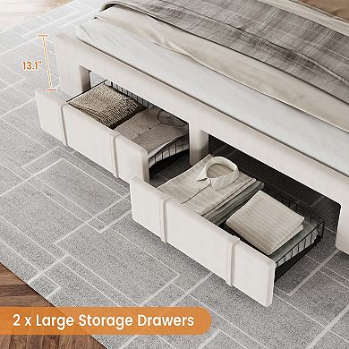 Upholstered Platform Bed Frame with Storage Drawers, Plain Wooden Slats, No Box Spring Needed
